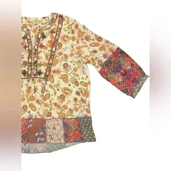 John Mark Embroidered Woven Split V-Neck 3/4 Sleeve Multi Print Tunic, Large - Picture 4 of 11